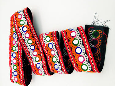 Black Cotton Fabric Trim with Multicolor Embroidery and Real Mirror, Kutch Embroidery Trim, Mirror Lace